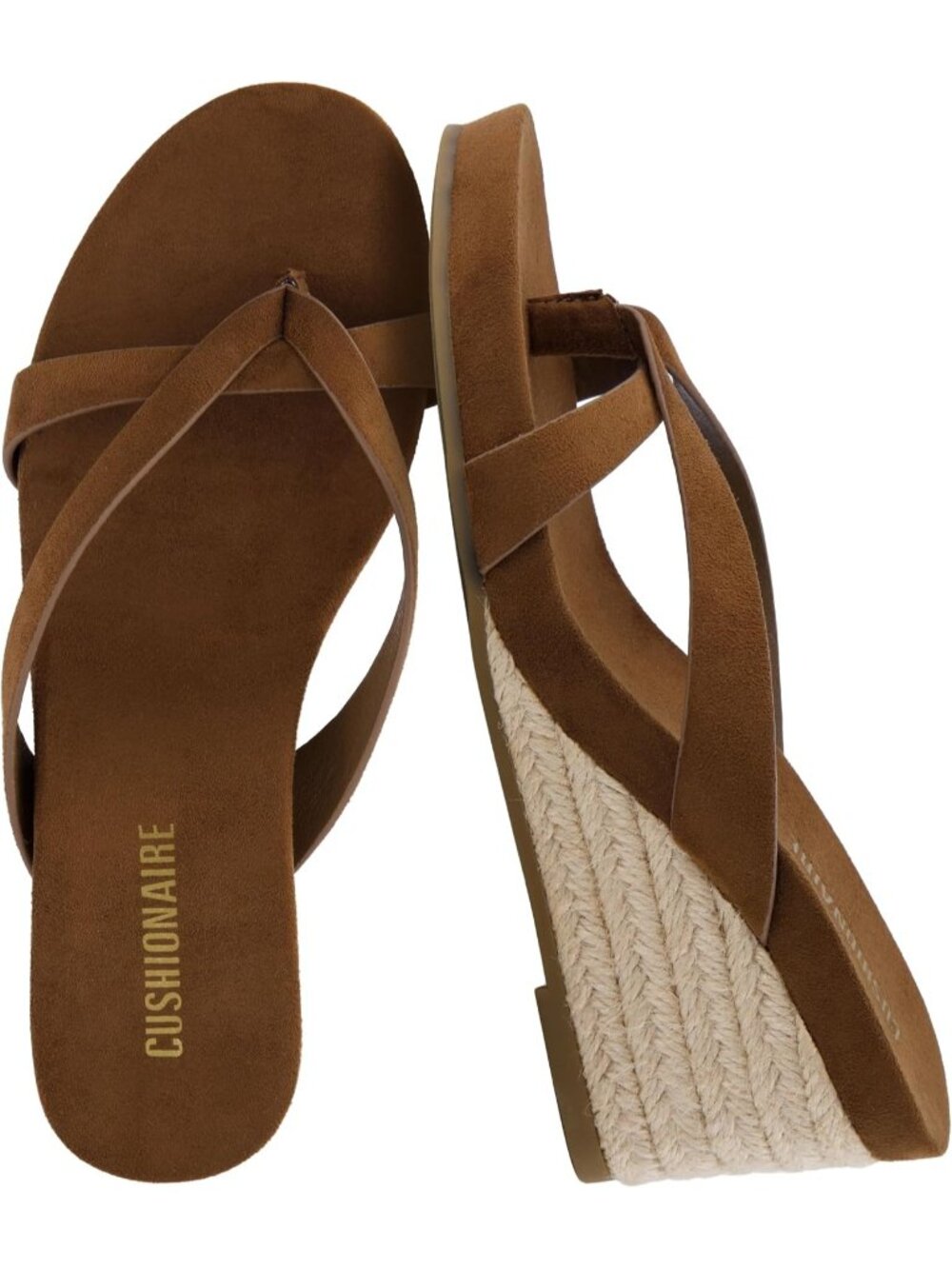 Women's Brown Wedge Sandals Thong Flip Flops with Cross Strap and Slip-On Design